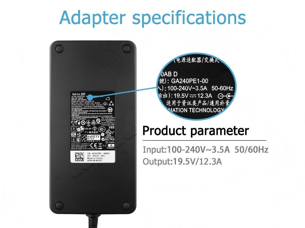 Original 240W Adaptador Cargador Dell Alienware 15 R4 (A15-2FXWX) + Cable