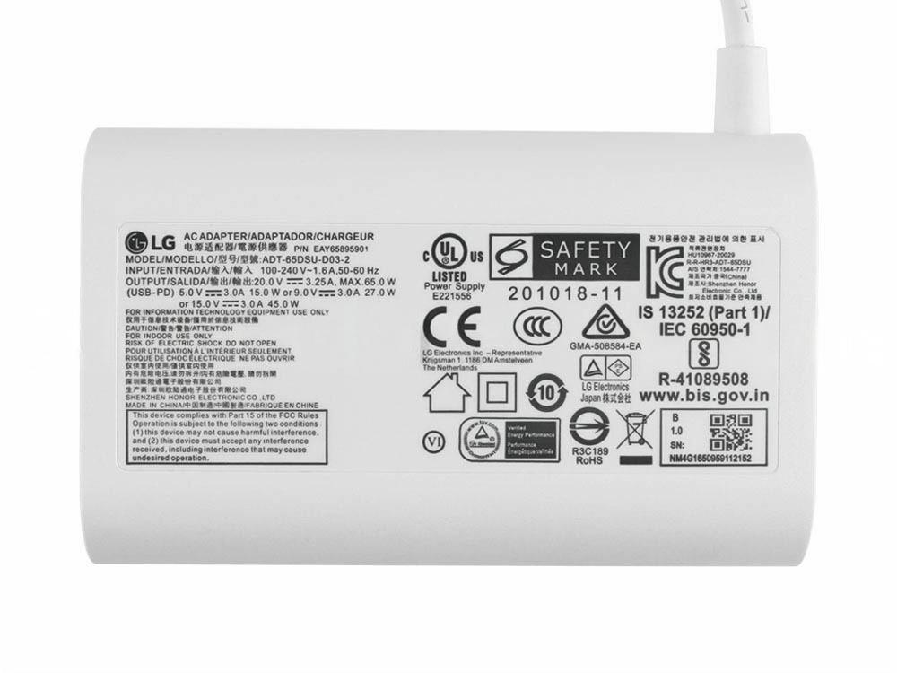 Original 65W USB-C Adaptador LG EAY65895911 EAY65895901 Cargador + Cable