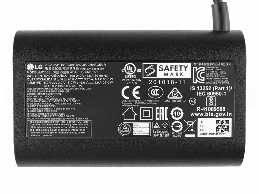 Original 65W USB-C LG ADT-65DSU-D03-2 Adaptador Cargador + Cable