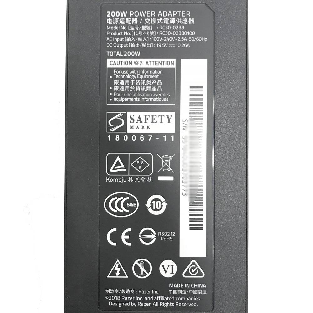 Original 200W Razer Blade 15 Base 2019 RZ09-03006 Adaptador Cargador + Cable